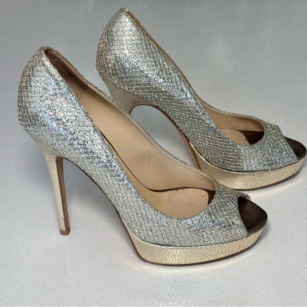 Jimmy Choo Glitter Silver Peep-Toe Heels